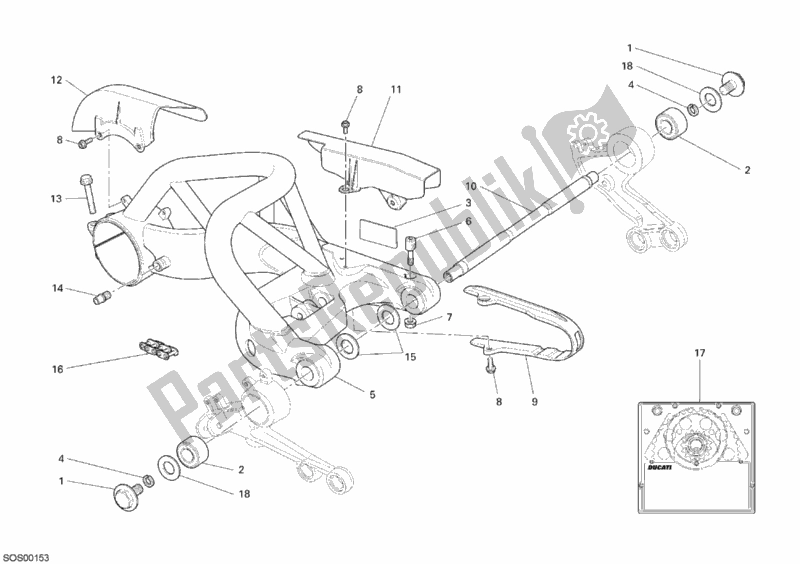 All parts for the Swing Arm of the Ducati Monster S2R 1000 USA 2007